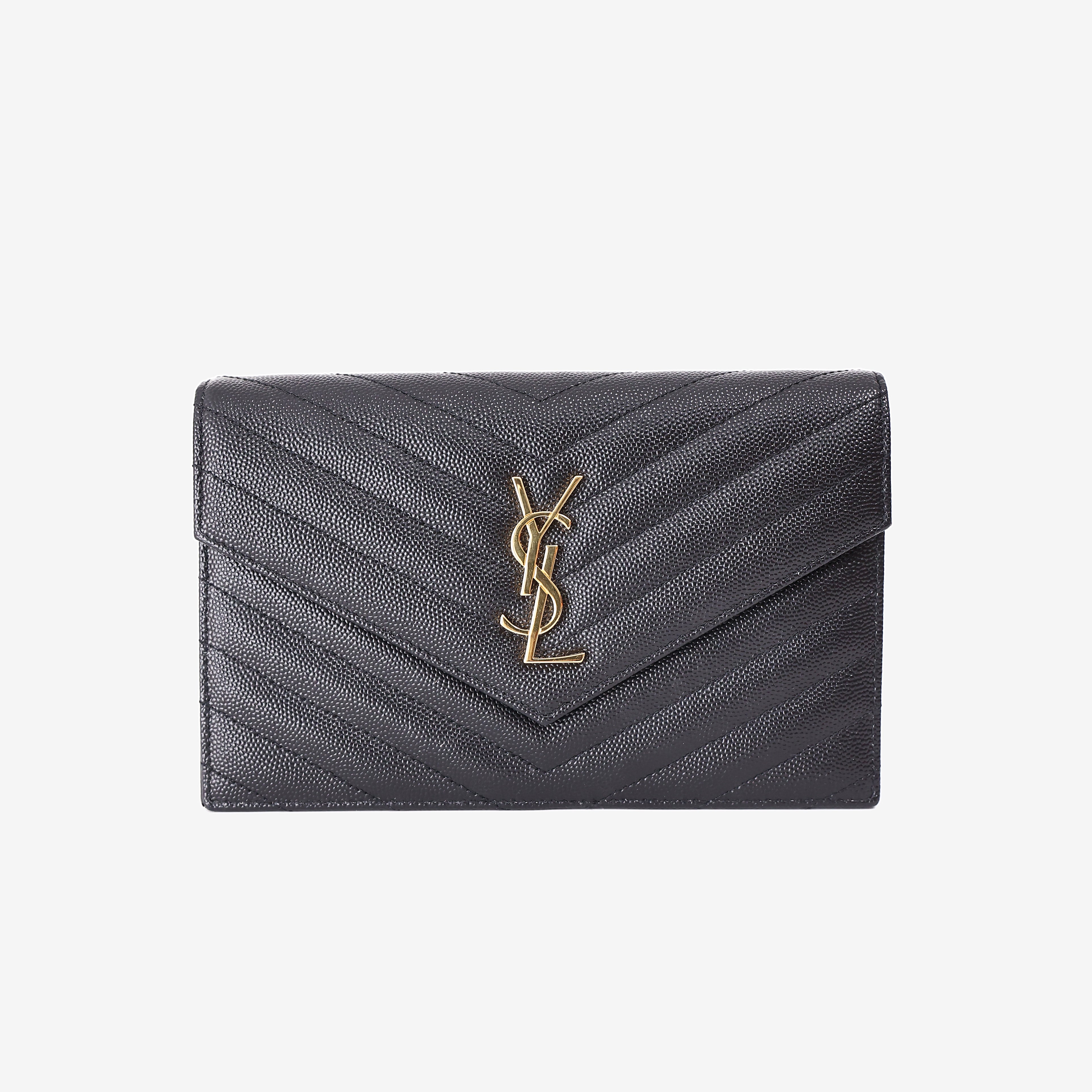 Saint Laurent Cassandre Envelope Chain Wallet in Black Grained Calfskin Leather
