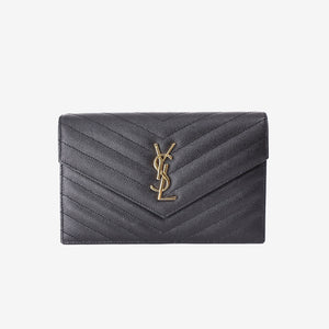 Saint Laurent Cassandre Envelope Chain Wallet in Black Grained Calfskin Leather