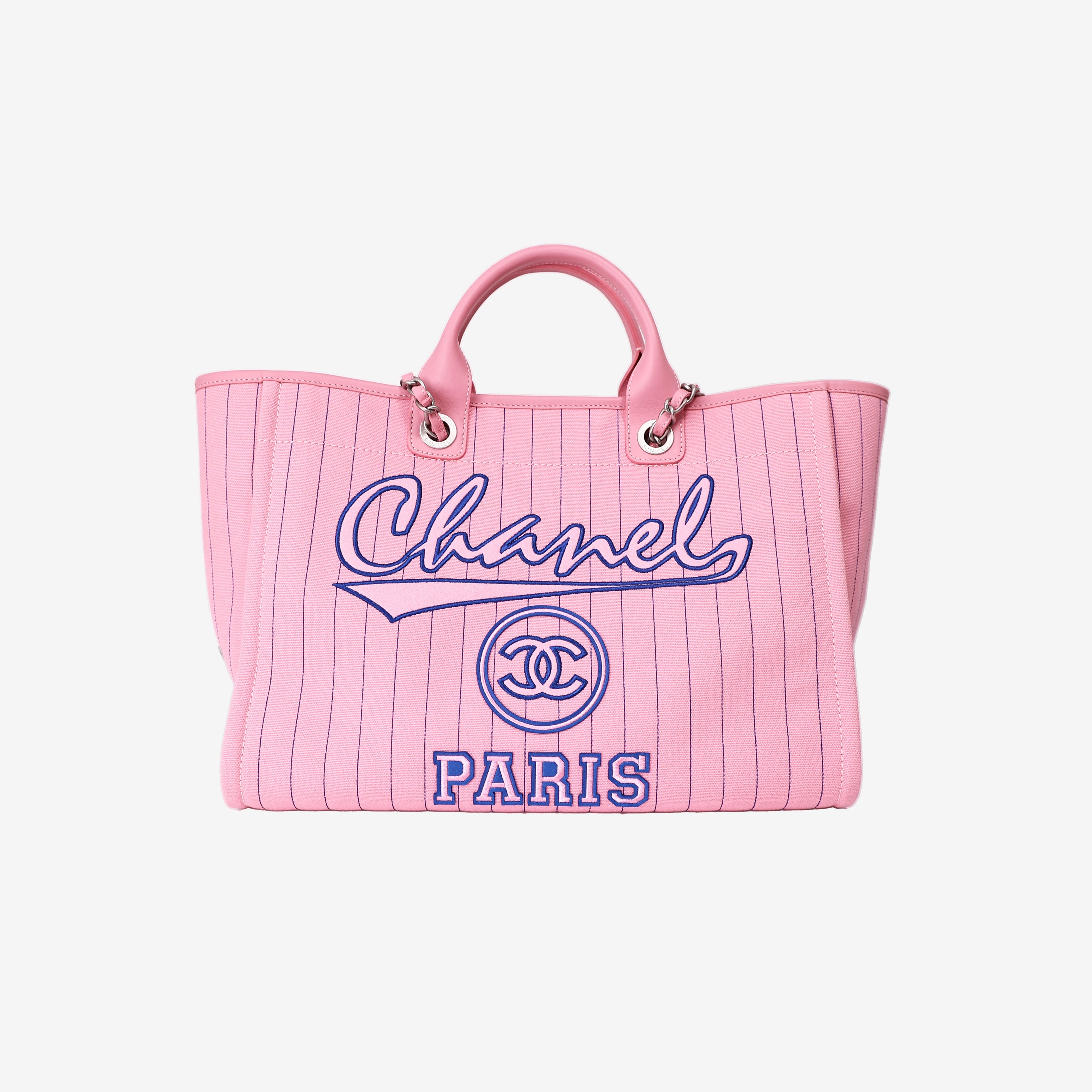 Chanel Large Deauville Tote in Pink and Blue Striped Canvas with Calfskin Leather and Palladium Hardware