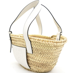 White Woven Raffia and Leather Basket Bag