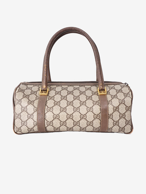 Gucci Vintage Boston Cylindrical Handbag in Beige GG Supreme Canvas and Leather with Gold Hardware