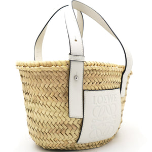 White Woven Raffia and Leather Basket Bag