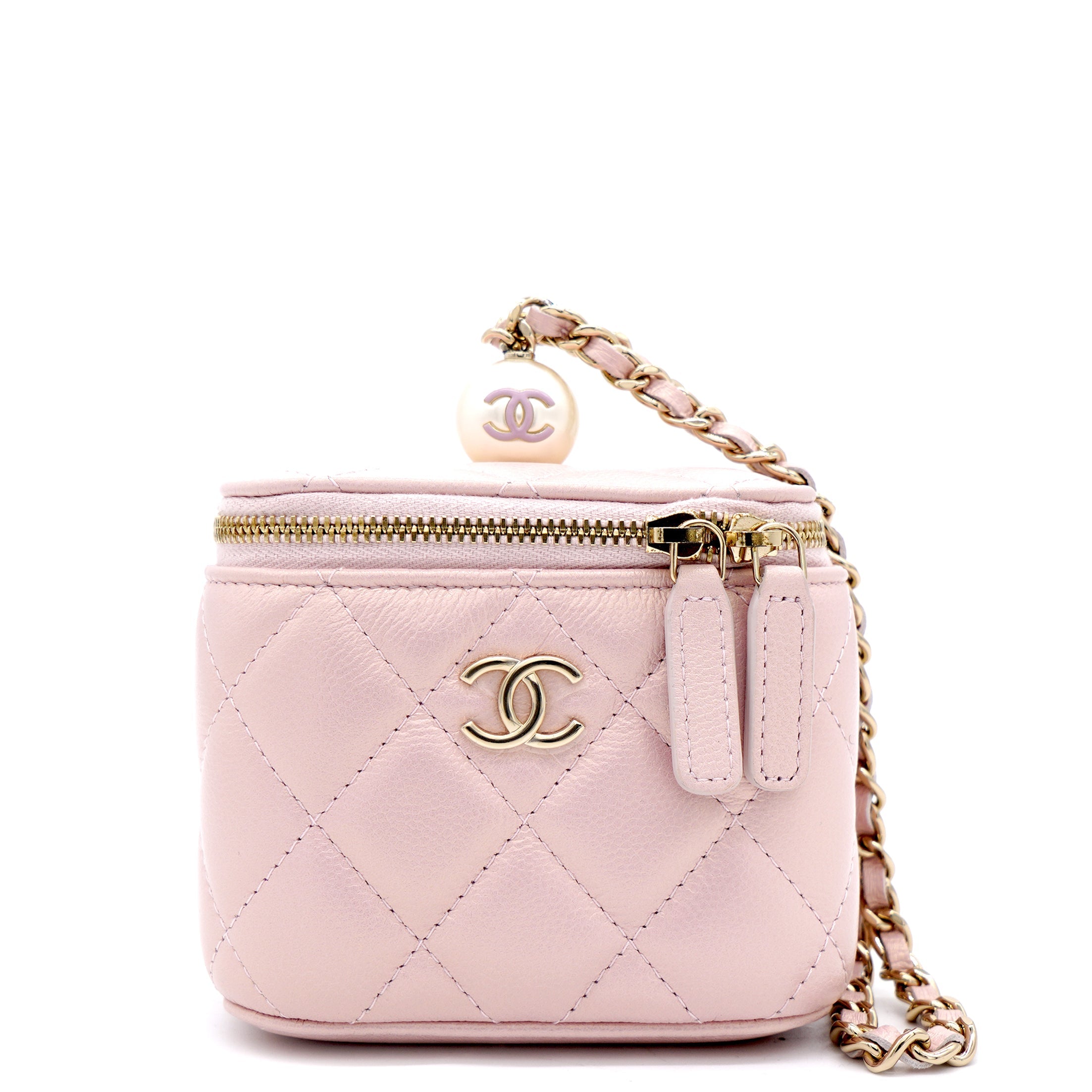 Mini Caviar GHW Vanity Case with Pearl Details Light Pink