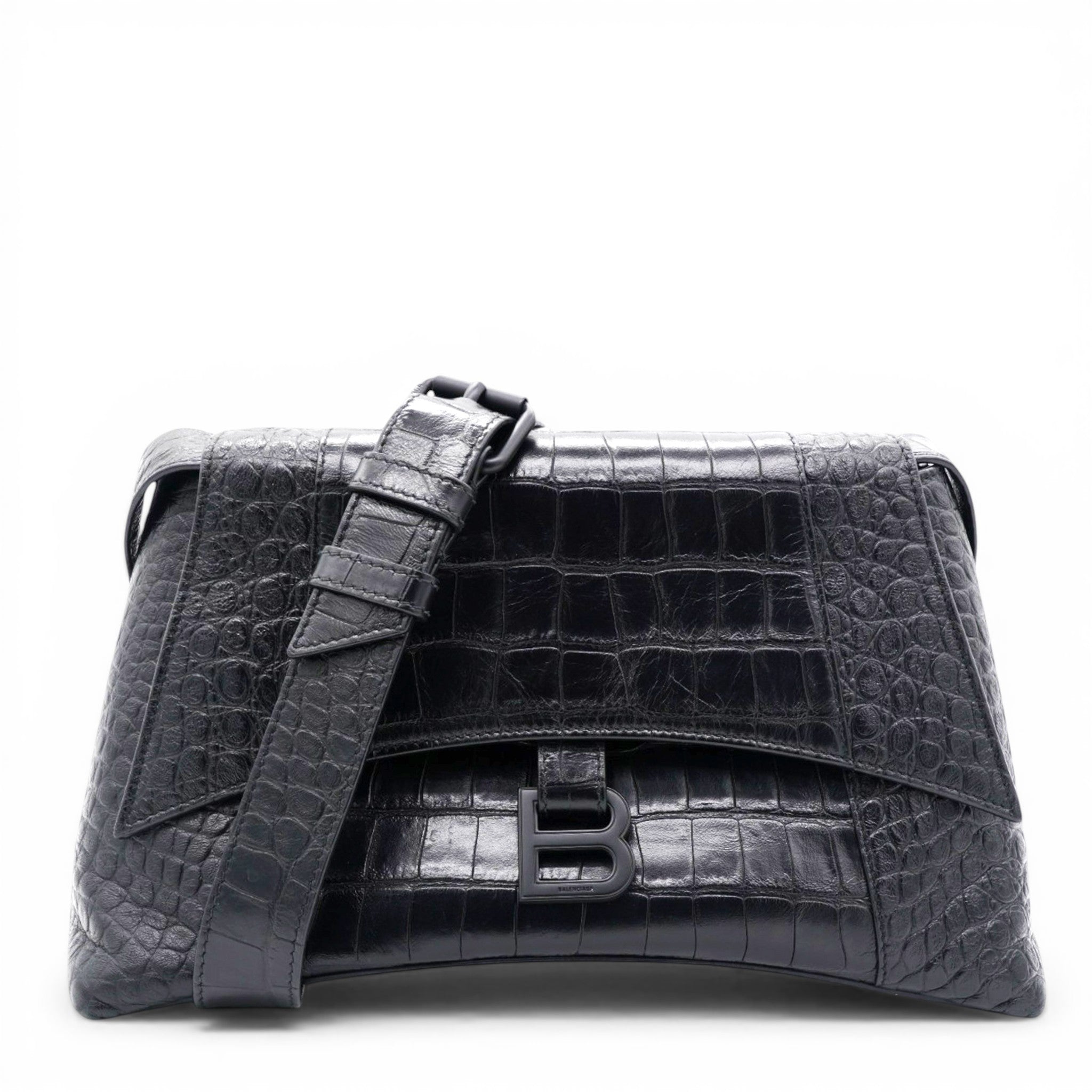 Medium Extra Supple Calfskin Crocodile Embossed Monochrome XS Downtown Shoulder Bag Black