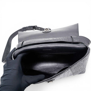 Medium Extra Supple Calfskin Crocodile Embossed Monochrome XS Downtown Shoulder Bag Black