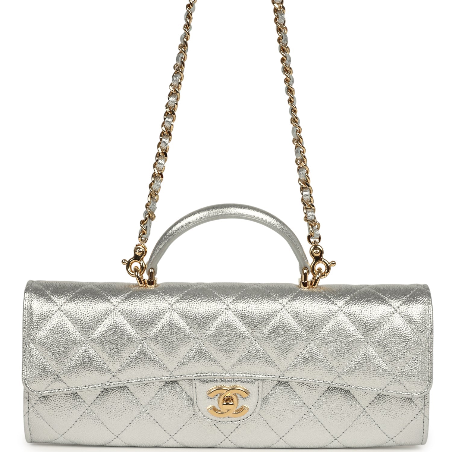 Chanel Long Top Handle Clutch with Chain Metallic Silver Caviar Gold Hardware