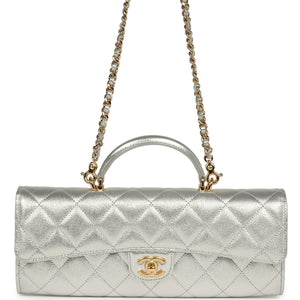 Chanel Long Top Handle Clutch with Chain Metallic Silver Caviar Gold Hardware