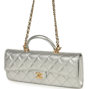 Chanel Long Top Handle Clutch with Chain Metallic Silver Caviar Gold Hardware