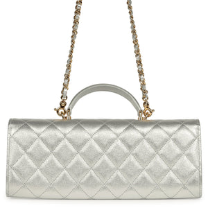 Chanel Long Top Handle Clutch with Chain Metallic Silver Caviar Gold Hardware