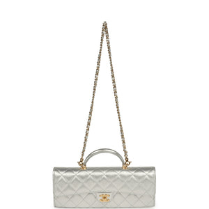 Chanel Long Top Handle Clutch with Chain Metallic Silver Caviar Gold Hardware