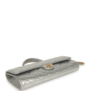 Chanel Long Top Handle Clutch with Chain Metallic Silver Caviar Gold Hardware