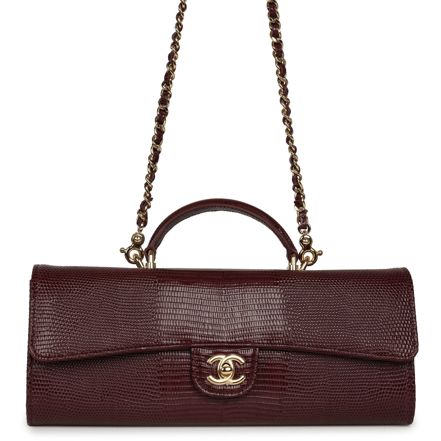 Chanel Long Top Handle Clutch with Chain Dark Burgundy Lizard Embossed Calfskin Gold Hardware