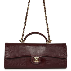 Chanel Long Top Handle Clutch with Chain Dark Burgundy Lizard Embossed Calfskin Gold Hardware