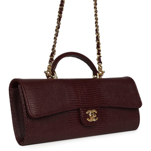 Chanel Long Top Handle Clutch with Chain Dark Burgundy Lizard Embossed Calfskin Gold Hardware