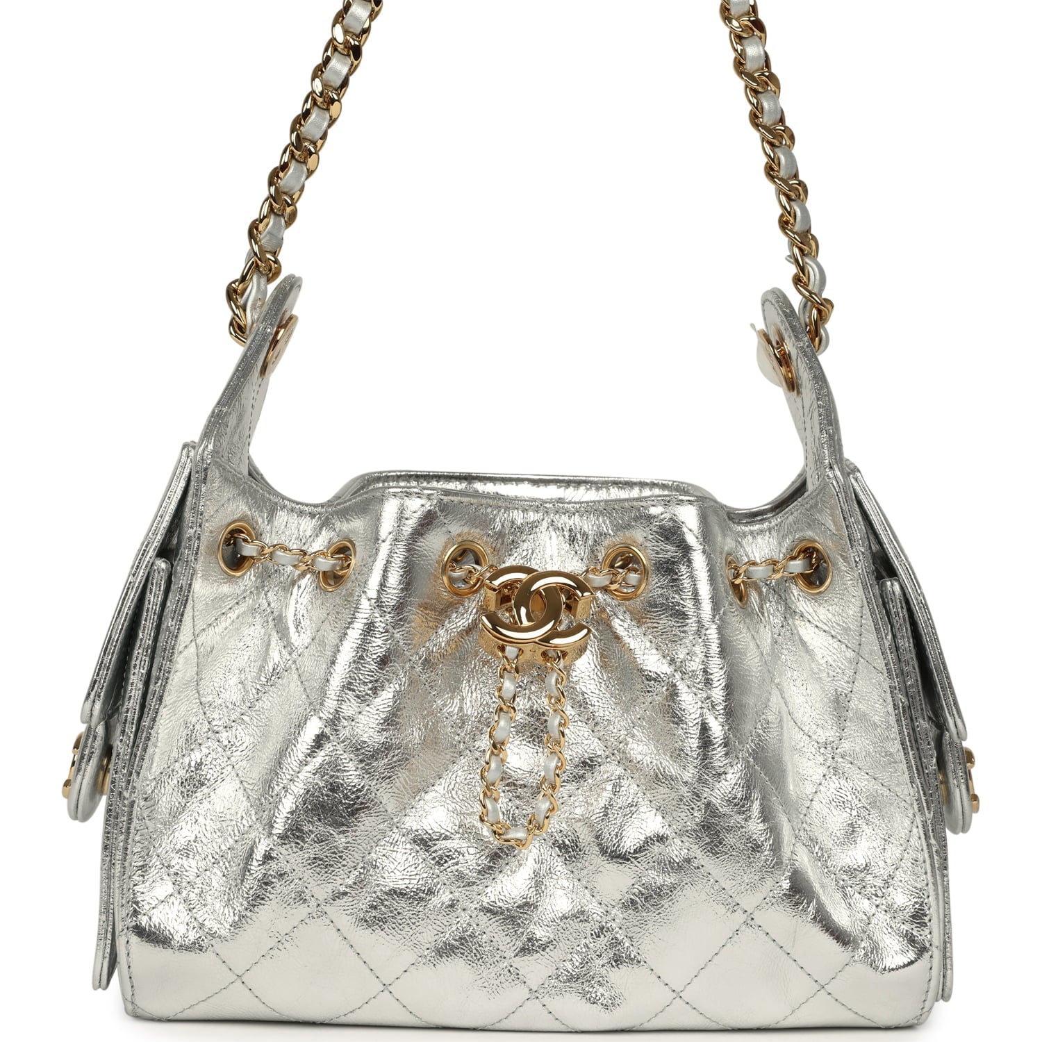 Chanel Mini 25 Hobo Bag Metallic Silver Caviar Gold Hardware