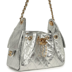 Chanel Mini 25 Hobo Bag Metallic Silver Caviar Gold Hardware