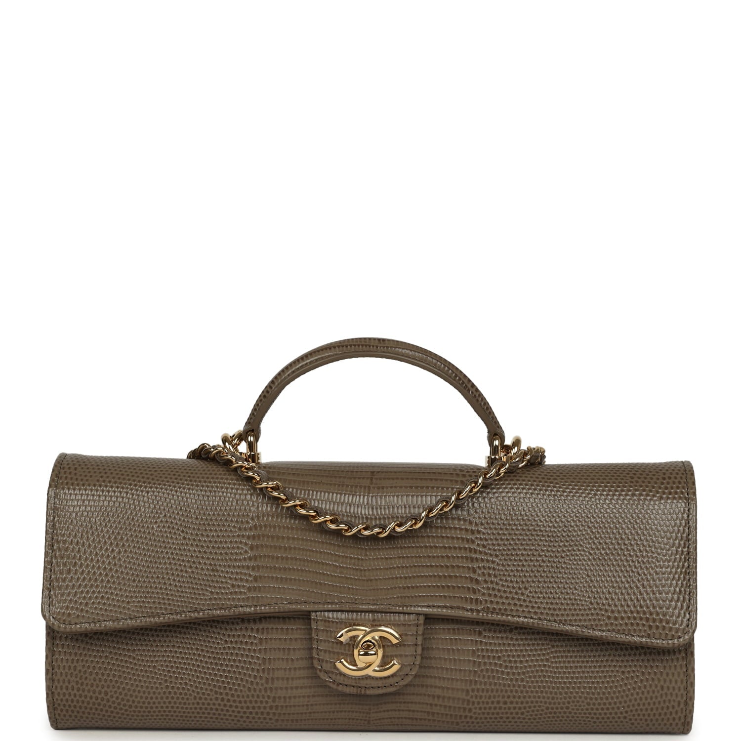 Chanel Long Top Handle Clutch with Chain Dark Khaki Lizard Embossed Calfskin Gold Hardware
