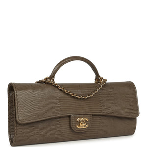 Chanel Long Top Handle Clutch with Chain Dark Khaki Lizard Embossed Calfskin Gold Hardware