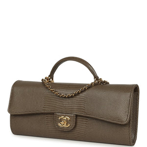 Chanel Long Top Handle Clutch with Chain Dark Khaki Lizard Embossed Calfskin Gold Hardware