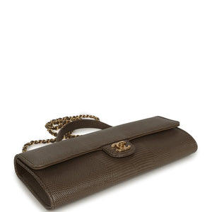 Chanel Long Top Handle Clutch with Chain Dark Khaki Lizard Embossed Calfskin Gold Hardware