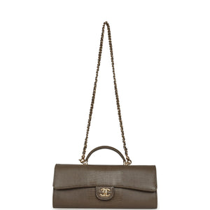 Chanel Long Top Handle Clutch with Chain Dark Khaki Lizard Embossed Calfskin Gold Hardware