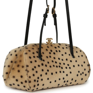 Chanel Cheetah Print Clutch with Leather Straps Light Beige Calf Hair, Black Leather Gold Hardware