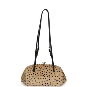 Chanel Cheetah Print Clutch with Leather Straps Light Beige Calf Hair, Black Leather Gold Hardware