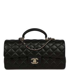 Chanel Classic Top Handle Long Flap Bag Black Lambskin Light Gold Hardware