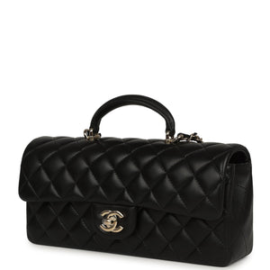 Chanel Classic Top Handle Long Flap Bag Black Lambskin Light Gold Hardware