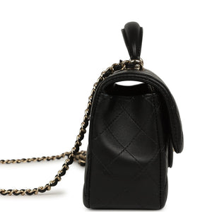 Chanel Classic Top Handle Long Flap Bag Black Lambskin Light Gold Hardware