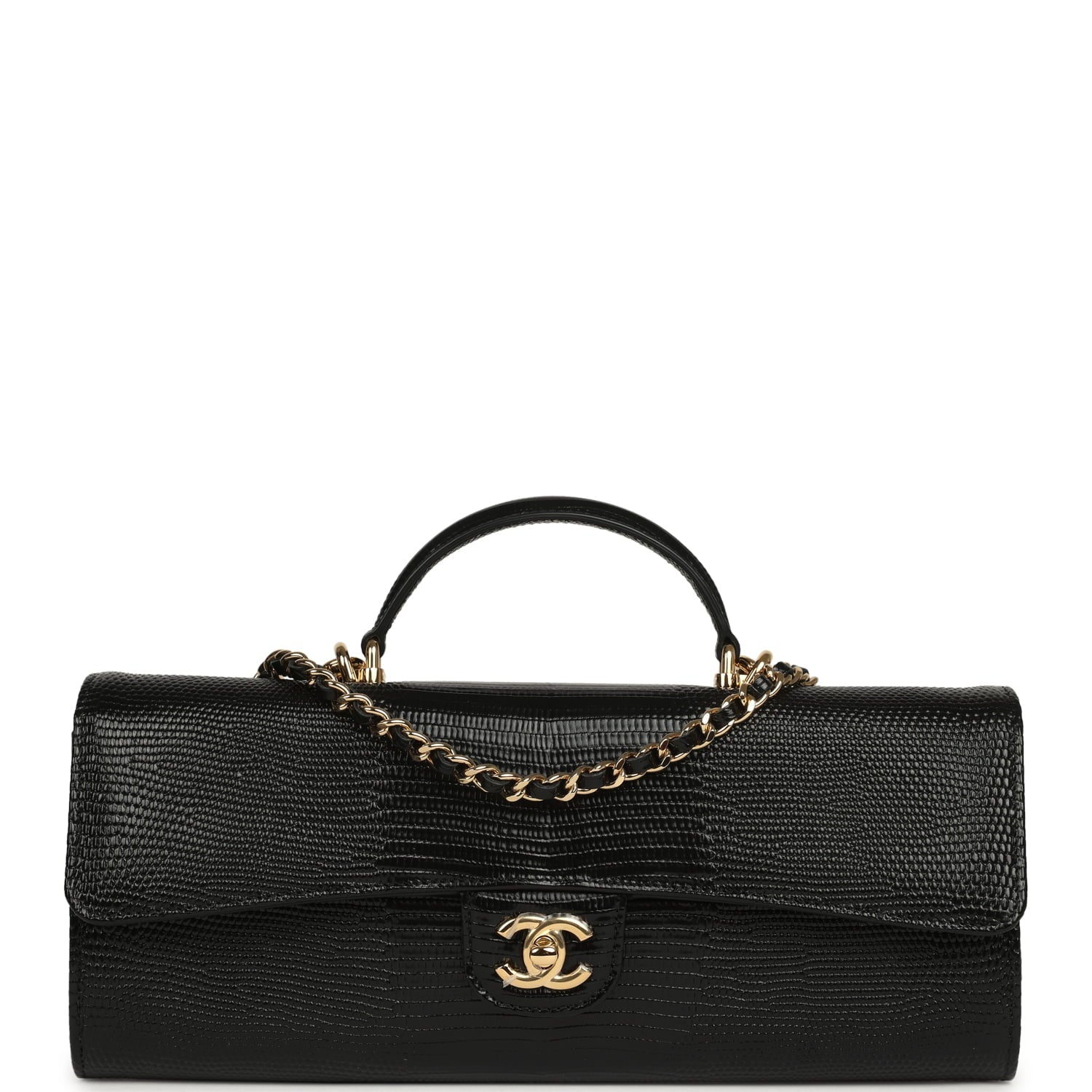 Chanel Long Top Handle Clutch with Chain Black Lizard Embossed Calfskin Gold Hardware