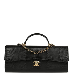 Chanel Long Top Handle Clutch with Chain Black Lizard Embossed Calfskin Gold Hardware