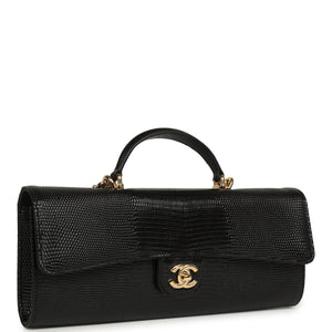 Chanel Long Top Handle Clutch with Chain Black Lizard Embossed Calfskin Gold Hardware