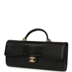 Chanel Long Top Handle Clutch with Chain Black Lizard Embossed Calfskin Gold Hardware