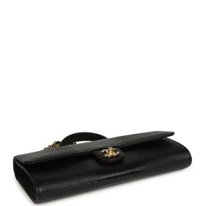 Chanel Long Top Handle Clutch with Chain Black Lizard Embossed Calfskin Gold Hardware