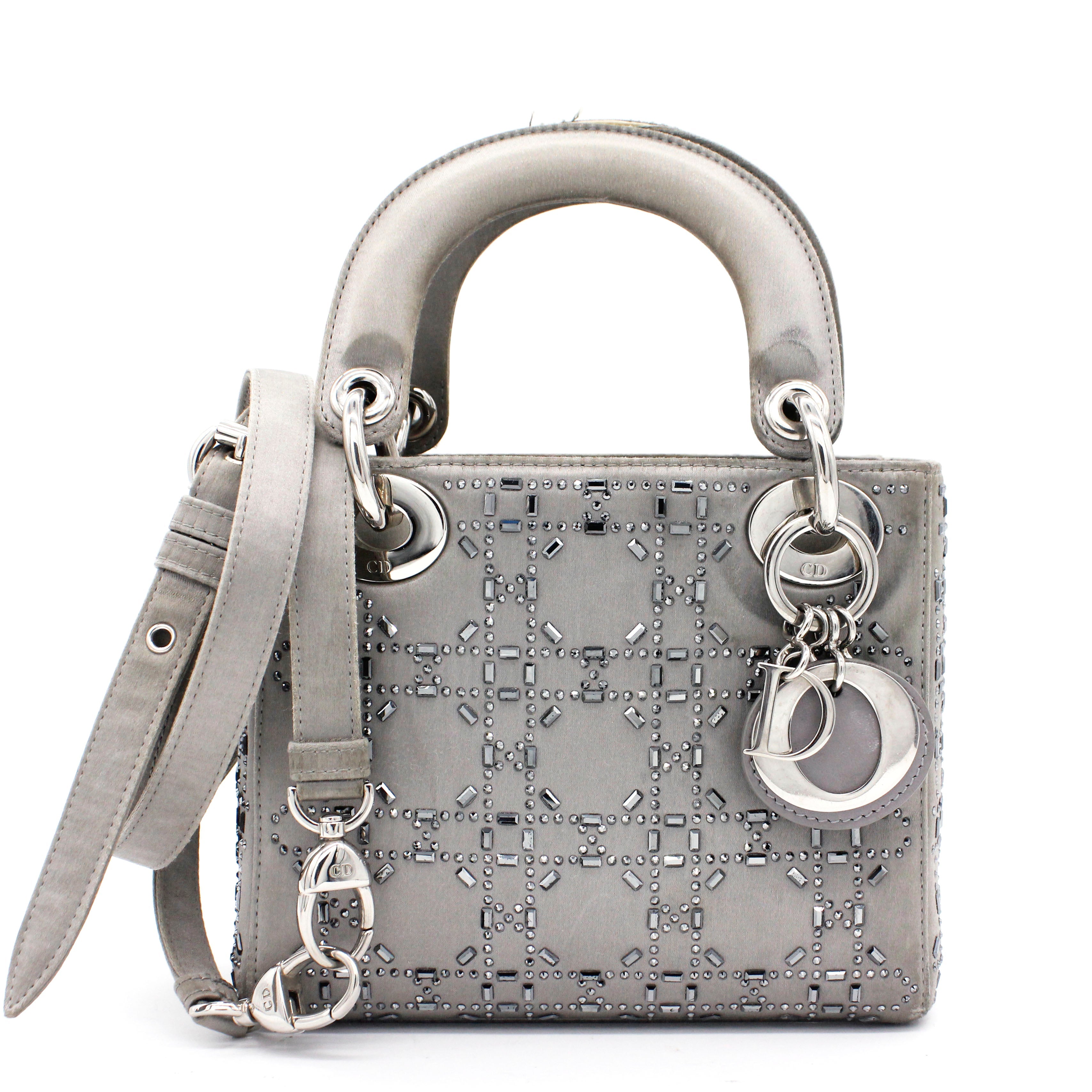 Satin Crystal Cannage Mini Lady Dior Grey