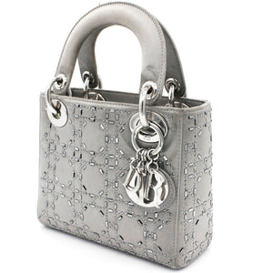 Satin Crystal Cannage Mini Lady Dior Grey