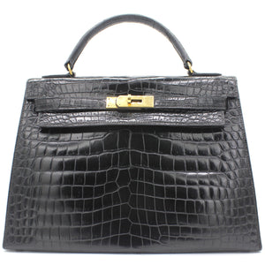 Black Porosus Crocodile Leather Gold Hardware Kelly 32 Bag