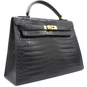 Black Porosus Crocodile Leather Gold Hardware Kelly 32 Bag