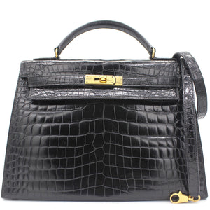 Black Porosus Crocodile Leather Gold Hardware Kelly 32 Bag