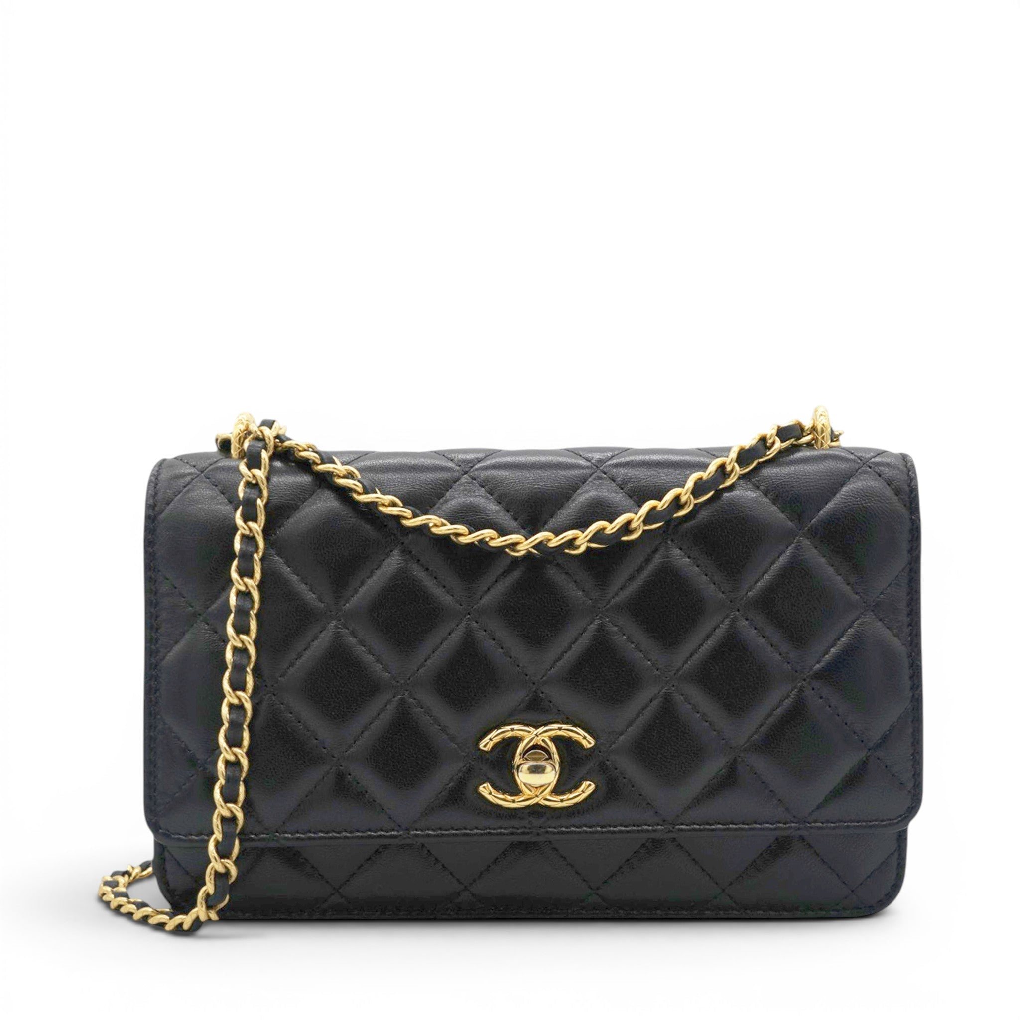 Black Quilted Leather Trendy CC Wallet On Chain