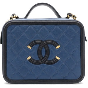 Navy/Black Quilted Caviar Leather Medium CC Filigree Vanity Case Bag