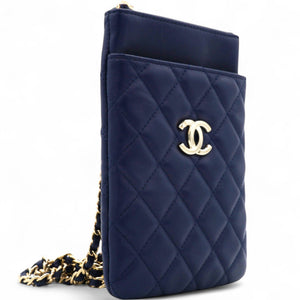 Navy Lambskin Quilted Flap Front Pocket Phone Holder Bag