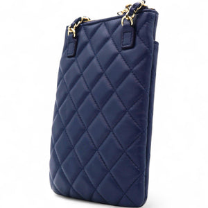 Navy Lambskin Quilted Flap Front Pocket Phone Holder Bag