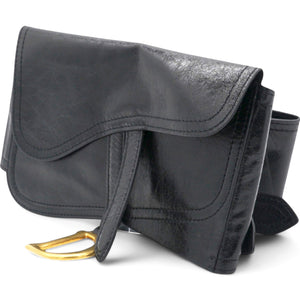 Black Crinkled Leather and Stretch Band Saddle Belt Bag