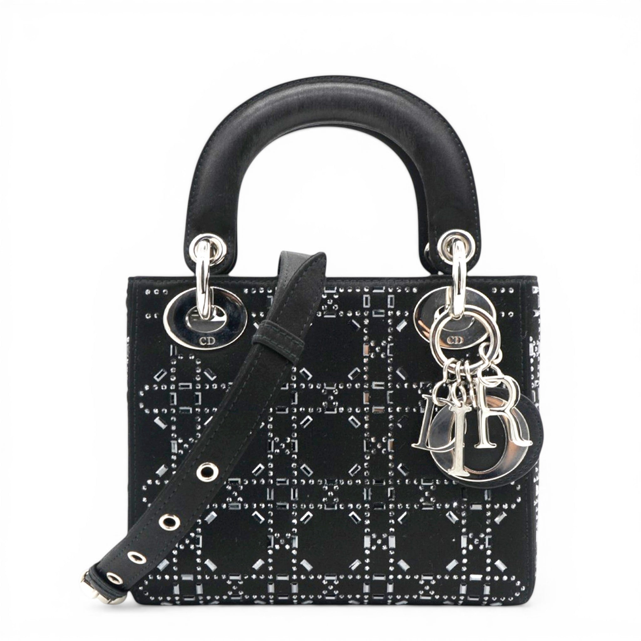 Satin Crystal Cannage Mini Lady Dior Black