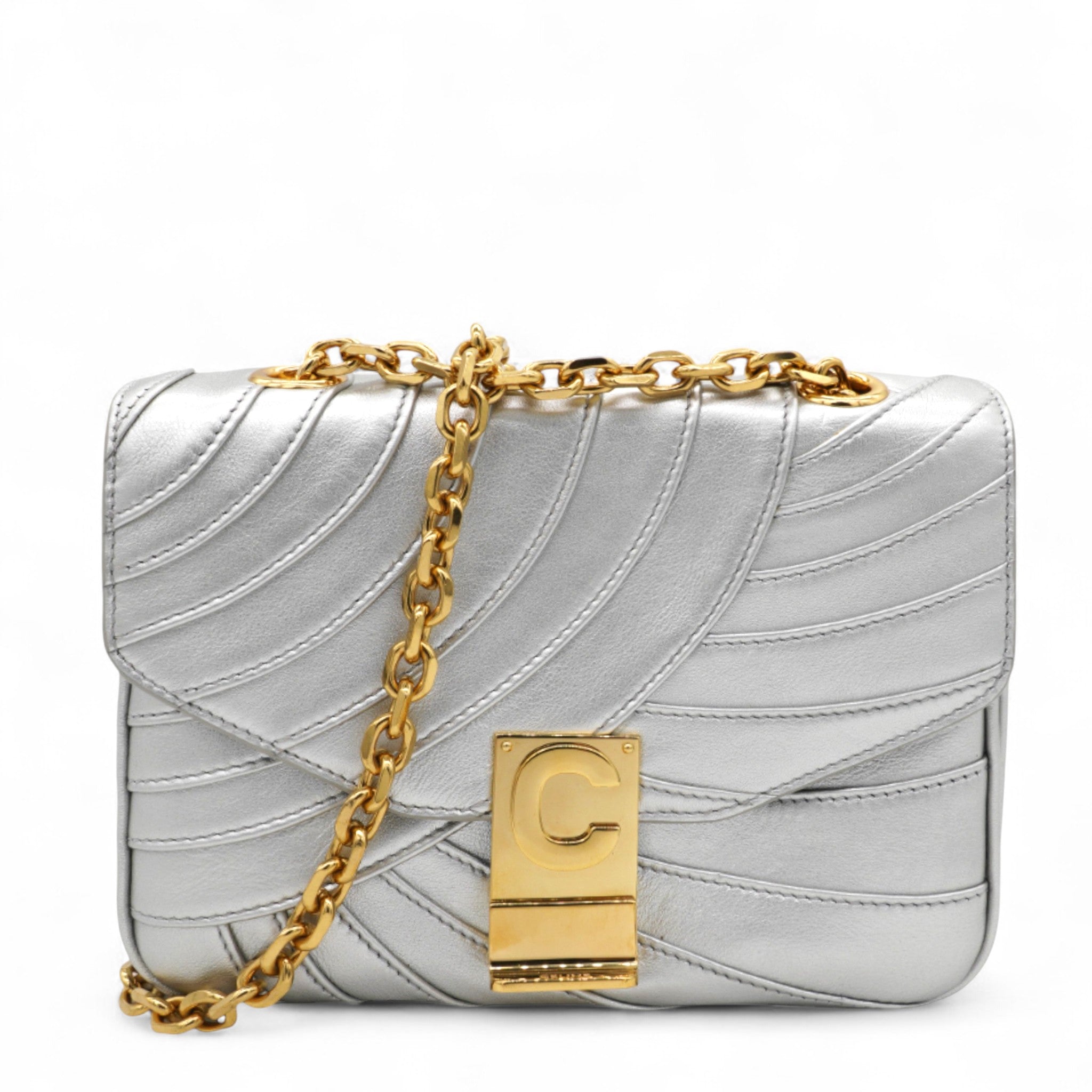 Open Box Laminated Quilted Leather Shoulder Bag Silver
