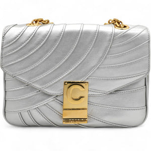 Open Box Laminated Quilted Leather Shoulder Bag Silver