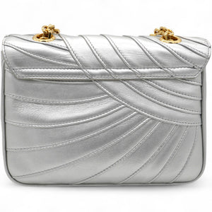 Open Box Laminated Quilted Leather Shoulder Bag Silver
