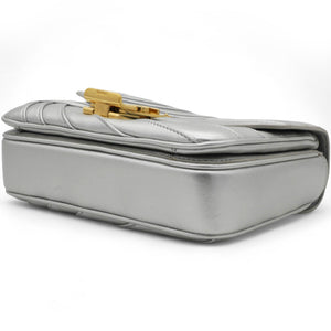 Open Box Laminated Quilted Leather Shoulder Bag Silver